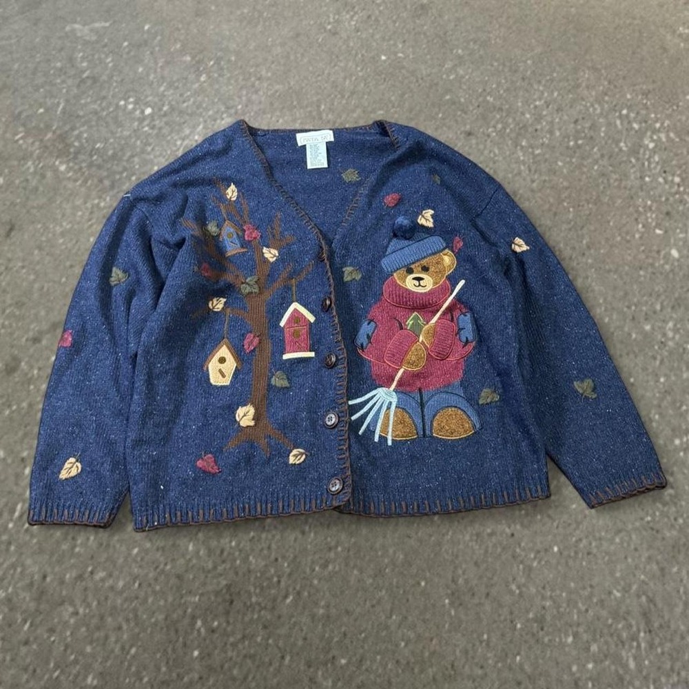 Vintage Mandal Bay Teddy Bear Fall Navy Blue Cardigan Sweater Womens XL
